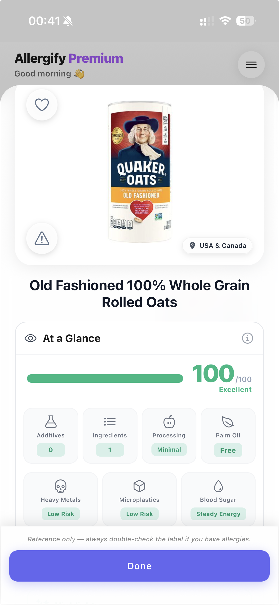 Allergify App showing At a Glance view with a 100/100 health score