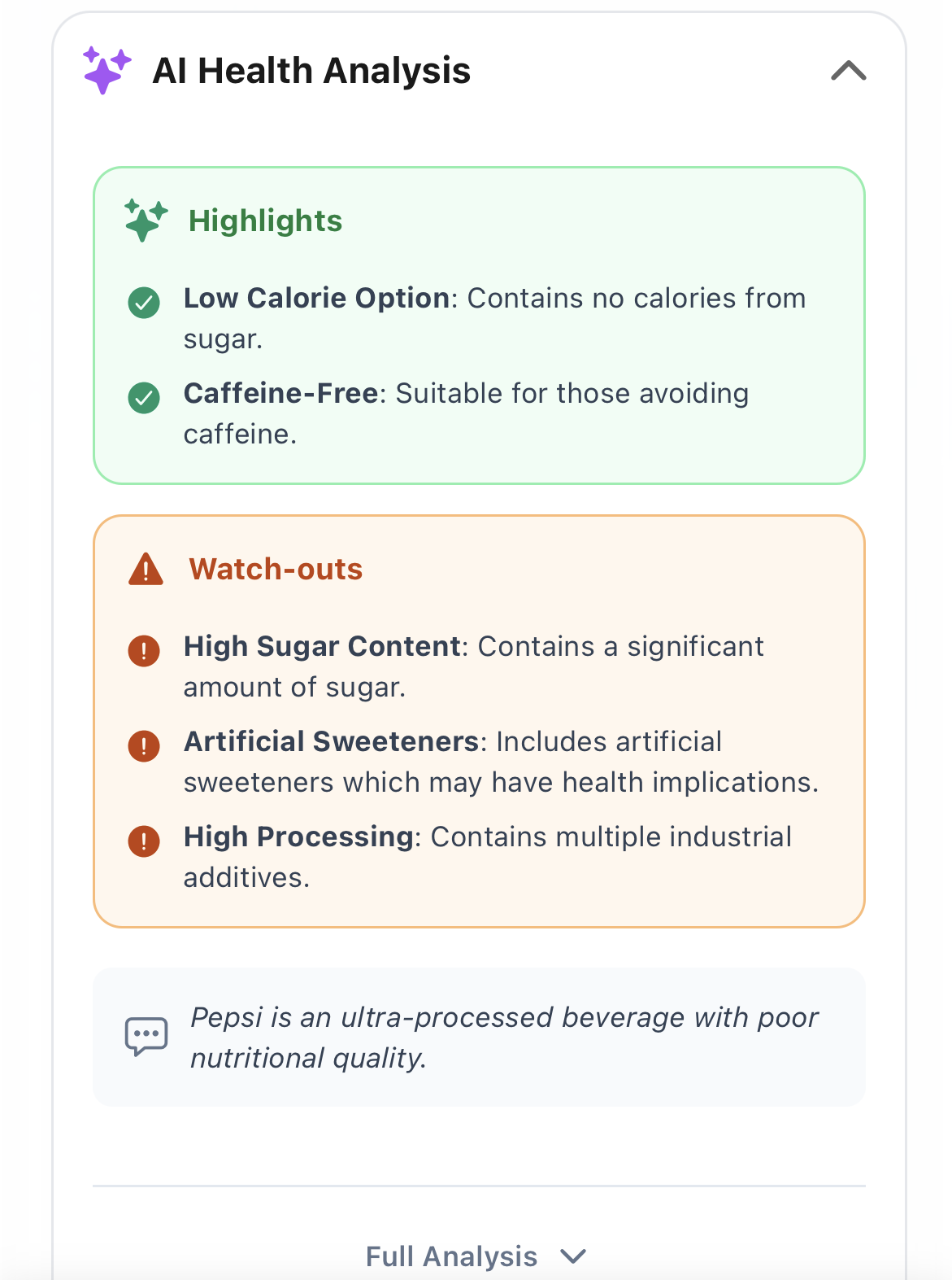 AI Health Analysis showing highlights and watch-outs